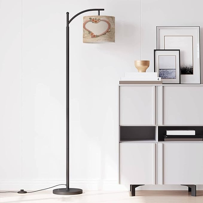 Modern Arc Floor Lamp with Dimmer Mid Century Vintage Old Postcards Heart Metal Standing Lamp with Linen Shade Footswitch for Living Room Bedroom Office - LeafyLoom