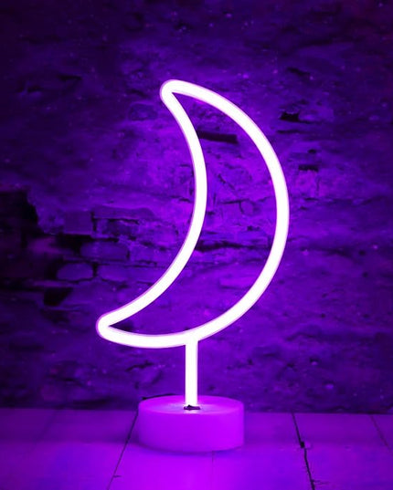 LED Moon Neon Signs Halloween Decor, Purple Crescent Night Lights USB Battery Operated Moon Lamp for Birthday Party, Wedding, Christmas Decorations-Moon with Holder Base(Purple) - LeafyLoom