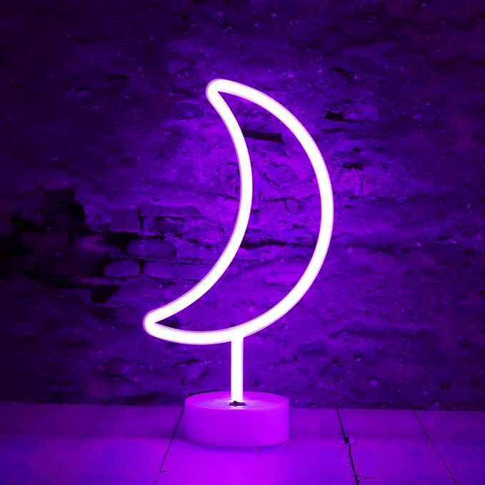 LED Moon Neon Signs Halloween Decor, Purple Crescent Night Lights USB Battery Operated Moon Lamp for Birthday Party, Wedding, Christmas Decorations-Moon with Holder Base(Purple) - LeafyLoom