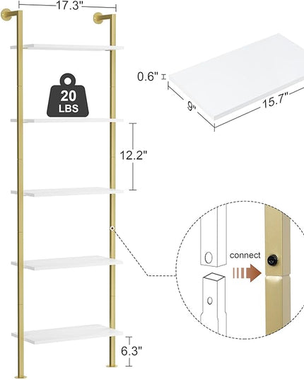 5-Tier Bookshelf Solid Wood Ladder Shelf, Narrow Book shelf Set of 2, Wooden Ladder Shelf Bookcase, Wall Mount Ladder Shelf, Storage Rack for Living Room, Bedroom, Bathroom, White and Gold - LeafyLoom