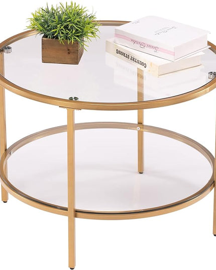 VINGLI 25.6" Round Gold Coffee Tables for Living Room, 2-Tier Glass Top Coffee Table with Storage Clear Coffee , Simple & Modern Center Table for Small Space - LeafyLoom