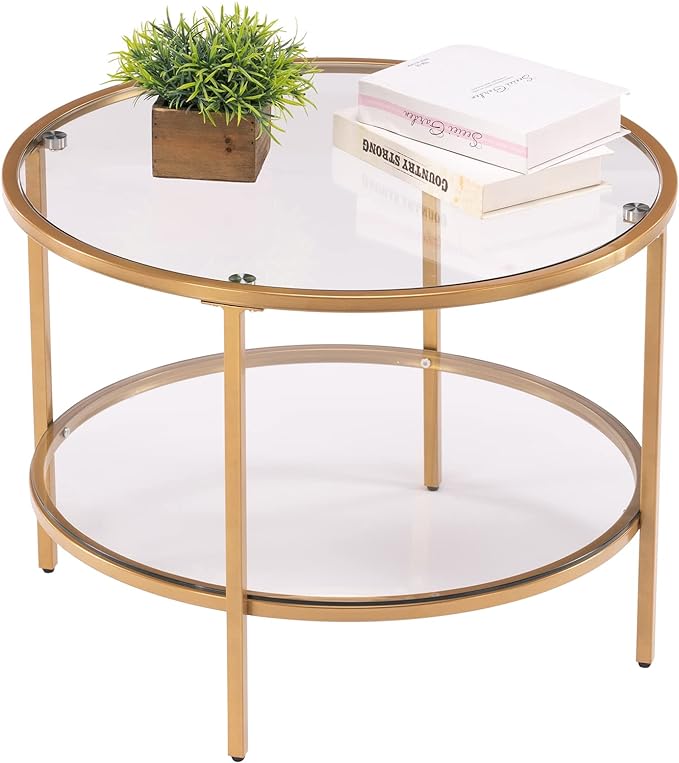 VINGLI 25.6" Round Gold Coffee Tables for Living Room, 2-Tier Glass Top Coffee Table with Storage Clear Coffee , Simple & Modern Center Table for Small Space - LeafyLoom