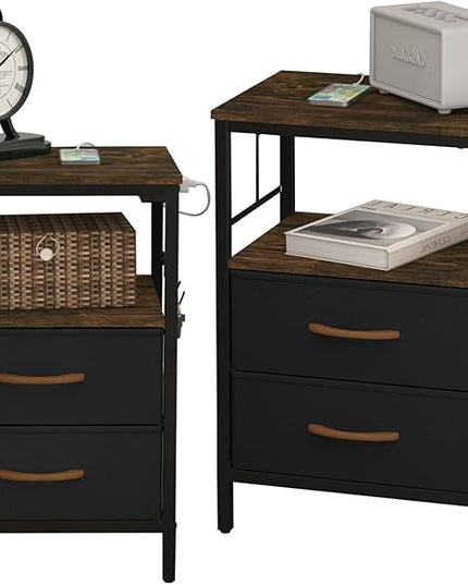 Nightstands set 2 for Bedroom Decor, Bedside Table with Charging Station, Night Stands with Fabric Drawers and Open Shelf, Side Table with USB Ports & Outlets (Rustic Brown,2) - LeafyLoom