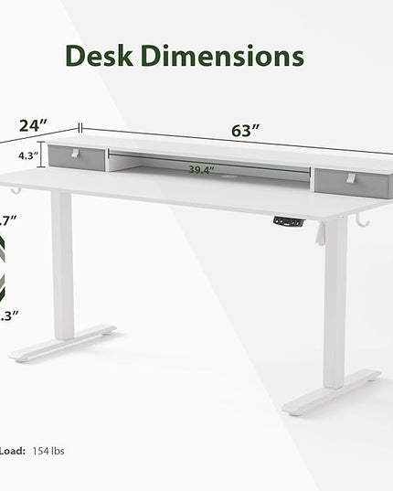 63 x 24 Inches Electric Standing Desk with 2 Storage Drawers, Stand Up Desk Adjustable Height, Sit and Stand Computer Table with Splice Board, White - LeafyLoom