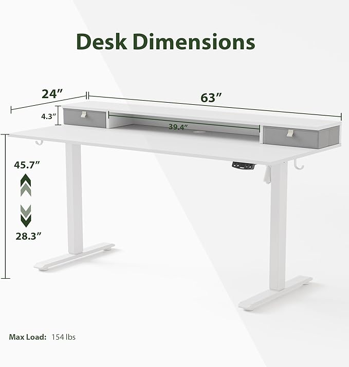 63 x 24 Inches Electric Standing Desk with 2 Storage Drawers, Stand Up Desk Adjustable Height, Sit and Stand Computer Table with Splice Board, White - LeafyLoom