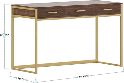 Martha Stewart Ollie Home Office Desk with 3 Drawers in Walnut Wood Grain with Polished Brass Hardware - LeafyLoom