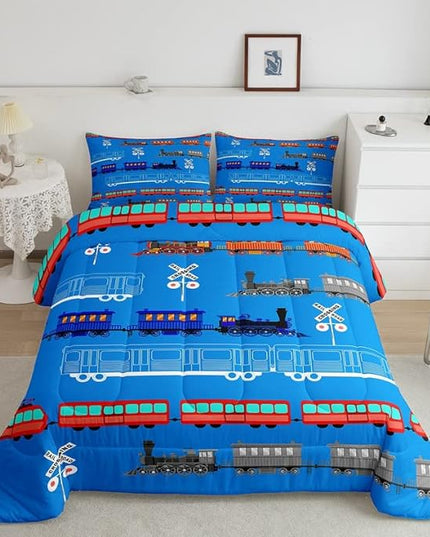 Feelyou Cartoon Car Comforter Set for Kids Boys Girls Vintage Car Comforter Train Bedding Set Bedroom Decor Retro Steam Train Blue Light Sign Duvet Set Twin Size Quilt Set 2Pcs - LeafyLoom