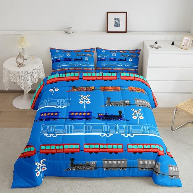 Feelyou Cartoon Car Comforter Set for Kids Boys Girls Vintage Car Comforter Train Bedding Set Bedroom Decor Retro Steam Train Blue Light Sign Duvet Set Full Size Quilt Set 2Pcs - LeafyLoom