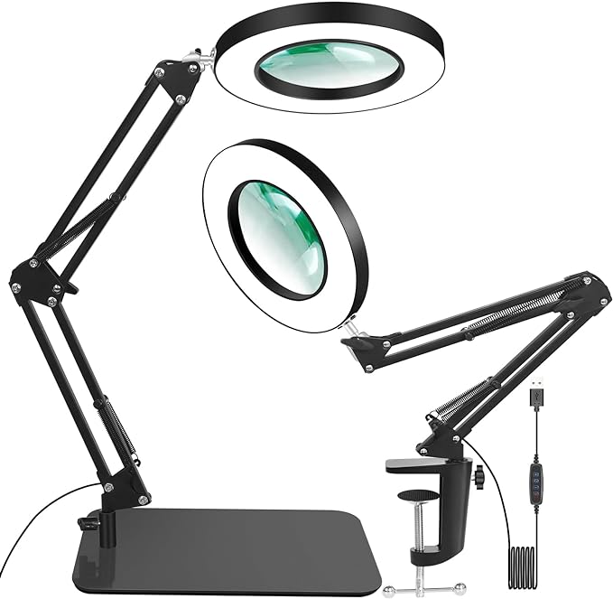 12X Magnifying Glass with Light and Stand,5 Inches 2-in-1 Lighted Magnifier with Clamp 5 Color Modes LED Desk Lamp,Hands Free for Craft Hobby Reading Painting Sewing Close Work (5 Inches) - LeafyLoom