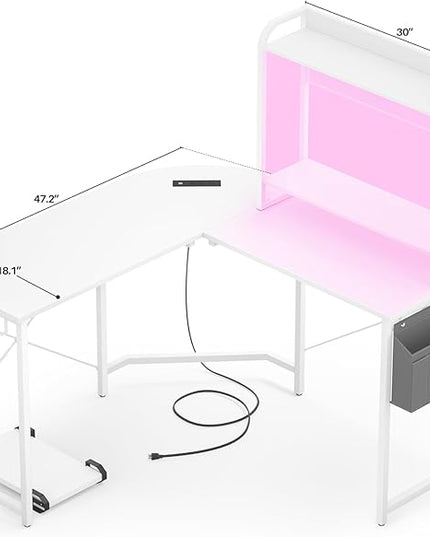 Small L Shaped Gaming Desk with Power Outlets, Corner Gaming Desk with LED Light, Reversible L-Shaped Desk with Monitor Stand & Hutch, L Shaped Desk Home Office Desk with Storage Bag, White - LeafyLoom