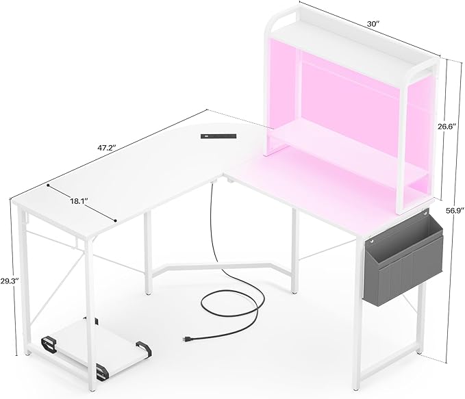 Small L Shaped Gaming Desk with Power Outlets, Corner Gaming Desk with LED Light, Reversible L-Shaped Desk with Monitor Stand & Hutch, L Shaped Desk Home Office Desk with Storage Bag, White - LeafyLoom