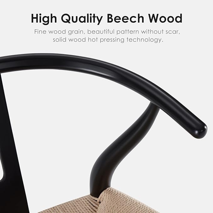 Farini Wishbone Chairs for Dining Room Solid Wood Rattan Chair Armchairs Y Shaped Backrest Hemp Seat for Home Restaurant Fully-Assembled(Set of 2,Black-Beige Seat) - LeafyLoom