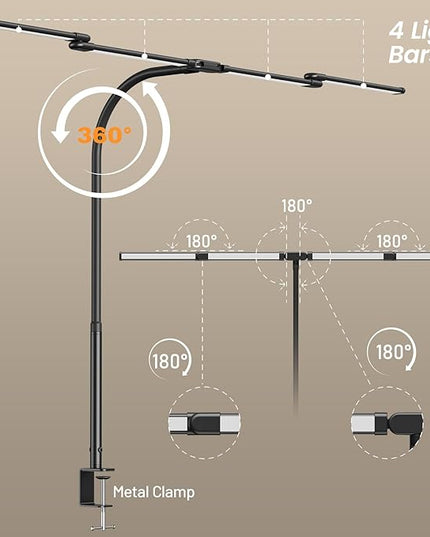 BOHON LED Desk Lamp for Home Office, 24W Architect Task Lamp with Clamp, Desktop Controller, 5 Color Stepless Dimming Table Light, Screen Computer Monitor Gooseneck Lamp for Reading Study Workbench - LeafyLoom