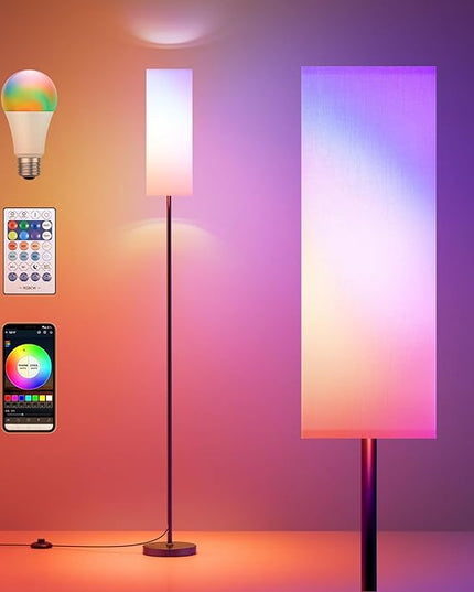 Floor Lamps for Living Room, Modern Floor Lamp with RGB LEDs Bulb,Standing Floor Lamp with App Control & Remote Control,Tall Reading Lamp for Bedroom, Living Room, White lampshade - LeafyLoom