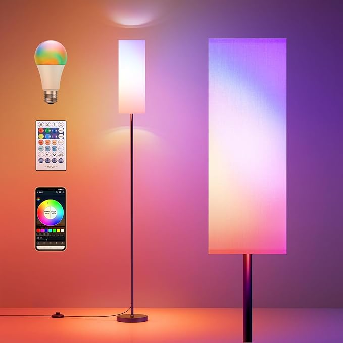 Floor Lamps for Living Room, Modern Floor Lamp with RGB LEDs Bulb,Standing Floor Lamp with App Control & Remote Control,Tall Reading Lamp for Bedroom, Living Room, White lampshade - LeafyLoom