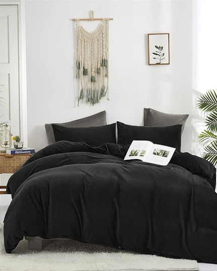 Wellboo Black Velvet Comforter Sets King Solid Black Fluffy Bedding Comforters Solid Color Flannel Quilt Women Men Plain Black Comforters Micromink Sherpa Fuzzy Warm Bed Adults Dorm Plush Bedding - LeafyLoom