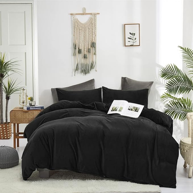 Wellboo Black Velvet Comforter Sets California King Solid Black Fluffy Bedding Comforters Cal King Solid Color Flannel Quilt Women Men Plain Black Comforters Micromink Sherpa Fuzzy Warm Bed Plush - LeafyLoom