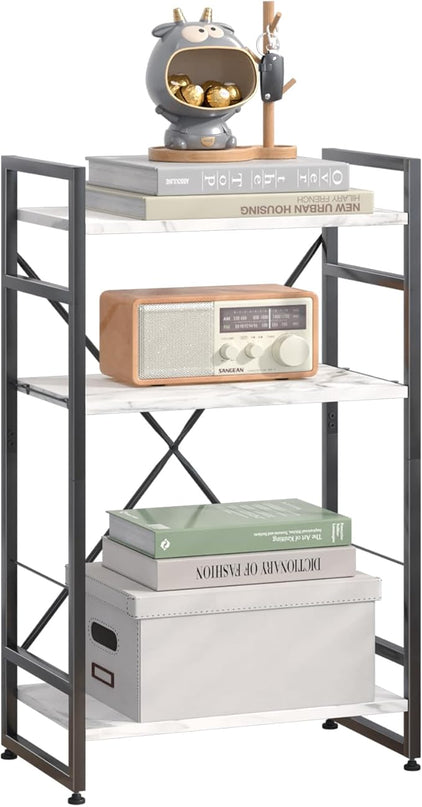 Bookshelf Organizer,3 Tiers Adjustable White Faux Marble Small Bookcase for Small Space,Industrial Wooden Storage Bookcase Display Rack and Storage Organizer for Living Room Home Office - LeafyLoom