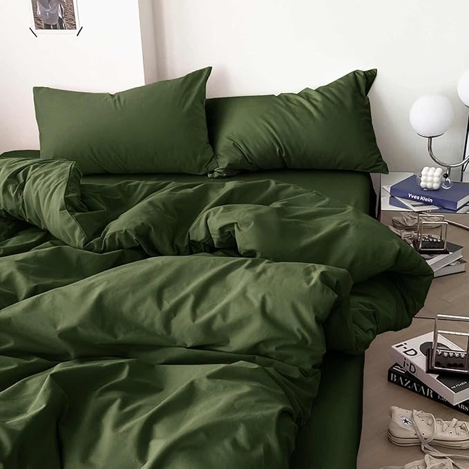 Dark Olive Green Full Comforter Set - 3 Piece Aesthetic Modern Bedding Set - All Season Farmhouse Soft & Lightweight Microfiber Down Alternative Comforter Bed Set with 2 Pillow Shams for Women Men - LeafyLoom