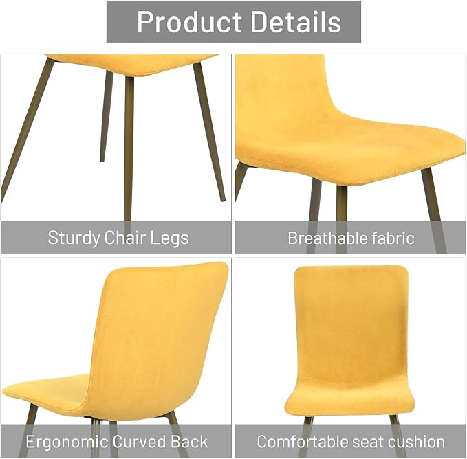 FurnitureR Modern Style Dining Chairs Set of 4, Comfy Side Chair with Fabric Seat Sturdy Metal Gold Legs for Kitchen Living Room Bedroom, Yellow - LeafyLoom