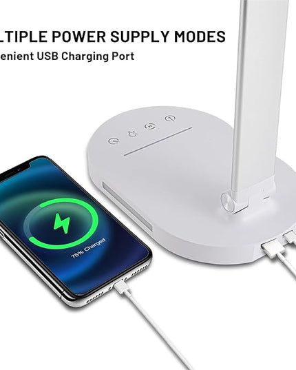 LED Desk Lamp for Home Office, Dimmable Table Lamp with USB Charging Port, 5 Lighting Modes, Sensitive Control, 60 Minutes Auto-Off Timer, Eye-Caring Office Lamp(White) - LeafyLoom