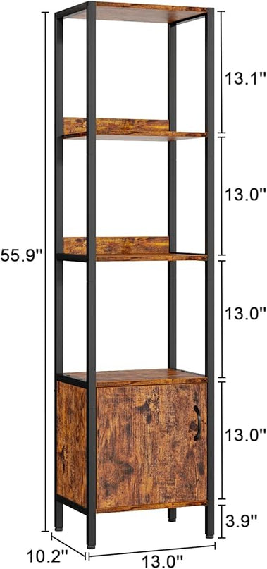 Furologee 5-Tier Bookshelf, Narrow Shelf with Storage Cabinet for Bedroom, Metal and Wood Shelf, Industrial Freestanding Display Tall Shelf for Living Room, Home Office, Bathroom, Rustic Brown - LeafyLoom