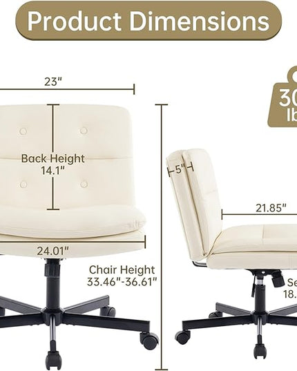 PU Criss Cross Armless Home Office Chair with Replaceable Wheels/Fixed Base and Lumbar Support for Living Room, Wide Seat Adjustable Legged Swivel Chair, Comfy Computer Chair for Vanity, White - LeafyLoom