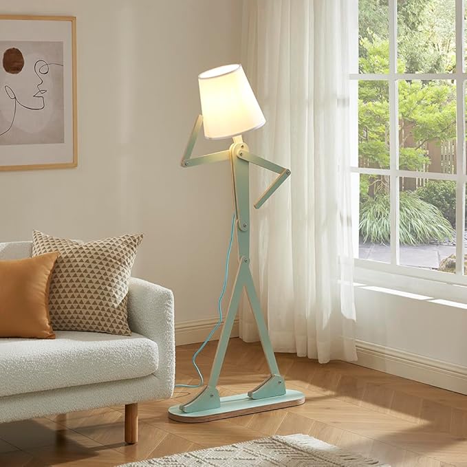 Unique Mini Wood Floor Lamp for Living Room Bedroom Office Farmhouse - Cute Corner Decorative Reading Standing Light Creative Swing Arm Arc Design Gift for Kids Room (Green Mini) - LeafyLoom