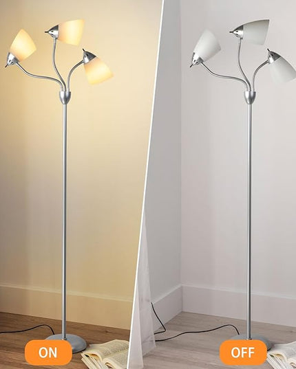 DINGLILIGHTING Floor Lamp Tall for Bedroom: Silver Standing Lamp Reading for Living Room Home Study Room Office - Modern Led Floor Light 3-Light Adjustable Flexible Gooseneck Metal Multi Head - LeafyLoom