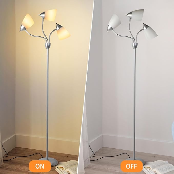 DINGLILIGHTING Floor Lamp Tall for Bedroom: Silver Standing Lamp Reading for Living Room Home Study Room Office - Modern Led Floor Light 3-Light Adjustable Flexible Gooseneck Metal Multi Head - LeafyLoom