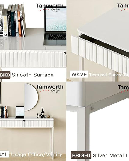 White Vanity Desk with 2 Drawers, Silver and White Desk,Home Office Desk Modern Makeup Vanity Table with Glossy Desktop,Writing Computer Standing Desk with Wood Top and Metal Legs - LeafyLoom