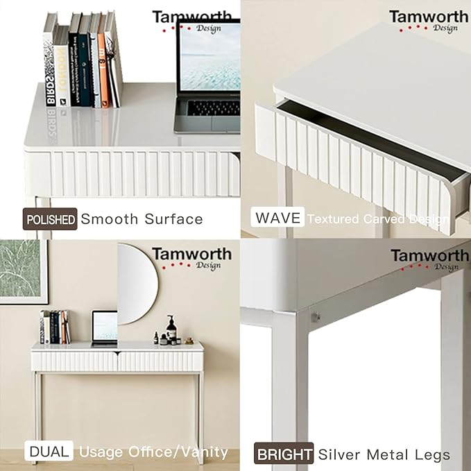 White Vanity Desk with 2 Drawers, Silver and White Desk,Home Office Desk Modern Makeup Vanity Table with Glossy Desktop,Writing Computer Standing Desk with Wood Top and Metal Legs - LeafyLoom