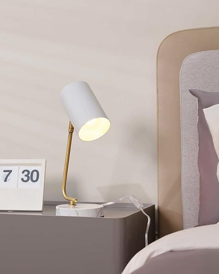 Globe Electric Novogratz x 65784 Athena 15" Desk Lamp, White Shade, Brass Arm, White Faux Marble Base - LeafyLoom