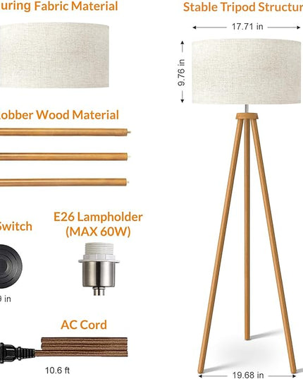 LEPOWER Wood Tripod Floor Lamp, Mid Century Standing Lamp for Living Room, Flaxen Lamp Shade, Modern Design Standing Lamp with E26 Lamp Base, Tall Floor Lamp for Bedroom, Study Room and Office Brown - LeafyLoom