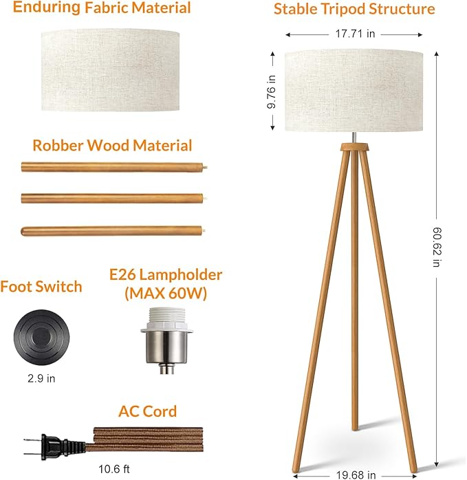 LEPOWER Wood Tripod Floor Lamp, Mid Century Standing Lamp for Living Room, Flaxen Lamp Shade, Modern Design Standing Lamp with E26 Lamp Base, Tall Floor Lamp for Bedroom, Study Room and Office Brown - LeafyLoom