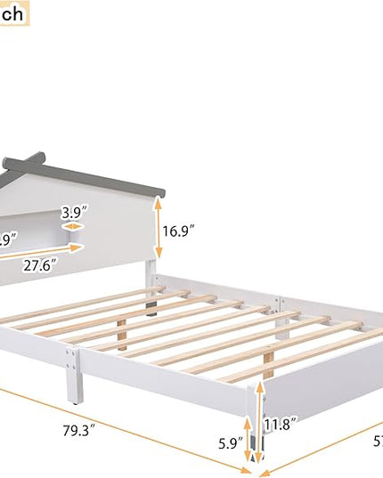 Bellemave Full Size Platform Bed with House-Shaped Headboard and Motion Activated Night Lights,Wood Full Kids Bed Frame for Teens, Girls,Boys(Full,White) - LeafyLoom