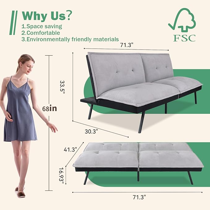 Futon Couch,3" Memory Foam Small Splitback, Polyester Fabric Cover Modern Loveseat for Living, Apartment,Studio,Guest Room,Home Office,71" L Sofa Bed, Light Gray - LeafyLoom