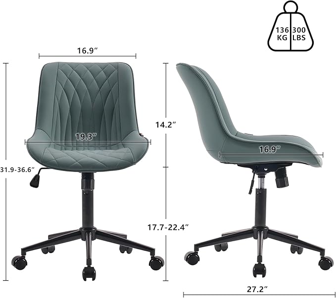 YOUNIKE Office Chair with Wheels Armless Desk Chair Swivel Rolling Task Chair with Back Upholstered Faux Leather Modern Computer Chair Height Adjustable, Greyish Green - LeafyLoom