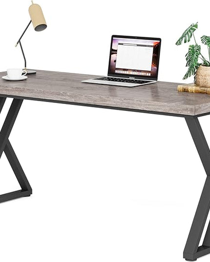 55 Inch Large Simple Industrial Computer Desk Study Writing Table Home Office Workstation,Grey - LeafyLoom