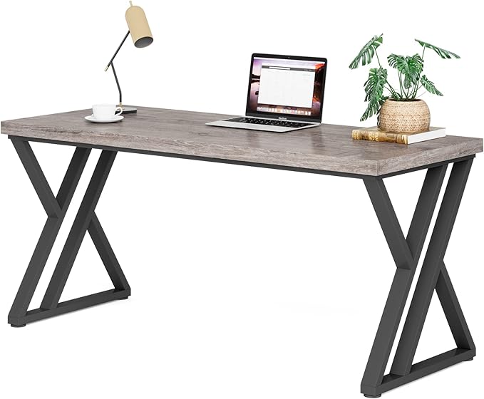 55 Inch Large Simple Industrial Computer Desk Study Writing Table Home Office Workstation,Grey - LeafyLoom