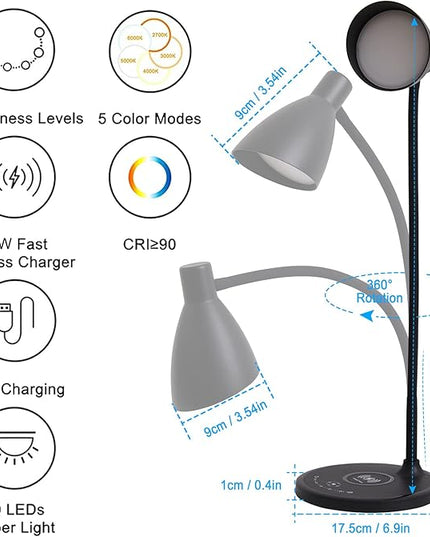 KAiSnova LED Desk Lamp with Wireless Charger, Desk Lamp with USB Charging Port, 5 Colors 7 Brightness Levels Desk Light for Home Office, Eye-Caring Touch Table Lamp for Bedside College Dorm Bedroom - LeafyLoom