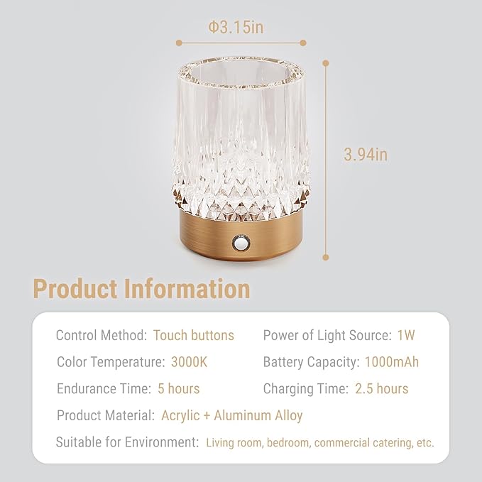 KOSTA Crystal Table Lamp Premium Vase Rechargeable Crystal Vase Lamp Heavy Handmade Modern Vases for Decor Home Bedroom Kitchen Office Living Room Birthday Gift - LeafyLoom