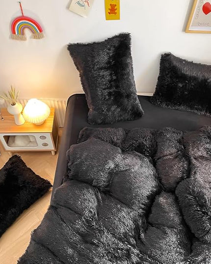 Faux Fur Kids Girls Black Comforter Sets King - 3PC Bed Set Warm Comfortable Soft Plush Flannel Velvet Fluffy Fuzzy Bedding（Comforter x 1 Pillowcases x 2） - LeafyLoom