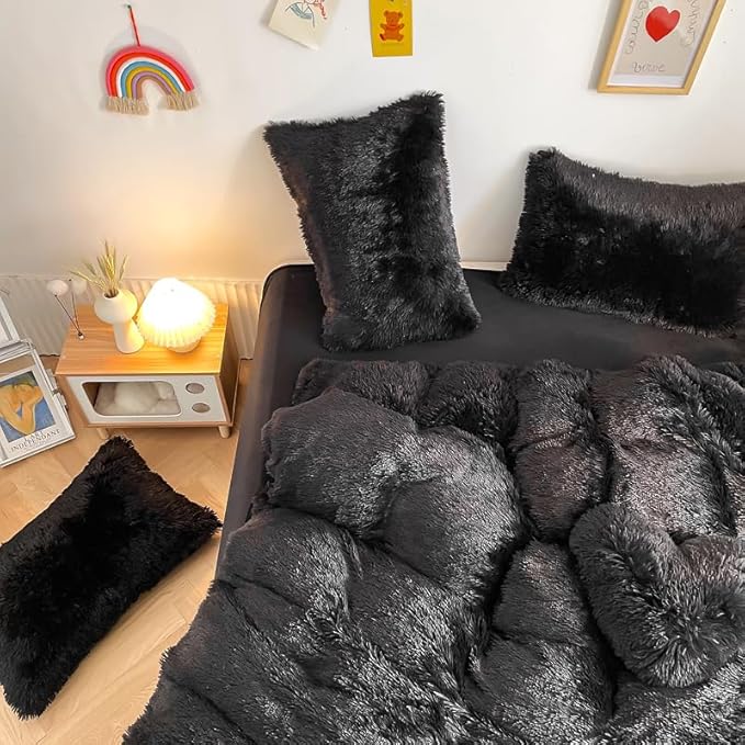 Faux Fur Kids Girls Black Comforter Sets King - 3PC Bed Set Warm Comfortable Soft Plush Flannel Velvet Fluffy Fuzzy Bedding（Comforter x 1 Pillowcases x 2） - LeafyLoom