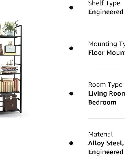 NUMENN 5 Tier Bookshelf, Tall Bookcase Shelf Storage Organizer, Modern Book Shelf for Bedroom, Living Room and Home Office, Black - LeafyLoom