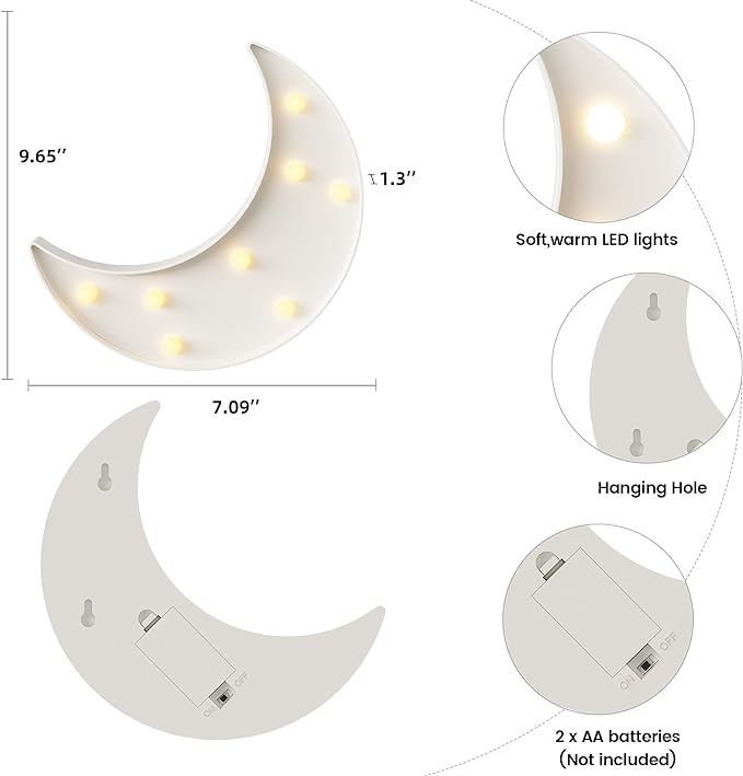 White Moon Decor Bedroom, Battery Powered Moon Night Light for Kids, Kids Room Decor, Baby Room Decor, Nursery Wall Decor, Kids Night Lights for Bedroom, Toddler Night Lights, Baby Night Light - LeafyLoom