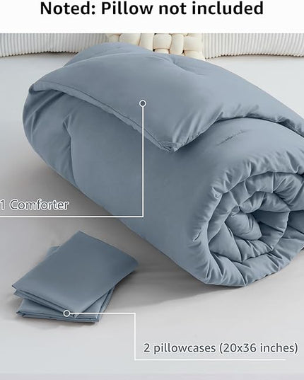 CozyLux Grayish Blue Comforter Set King Size, 3 Pieces Solid Breathable Quilted Boho Style Bedding Sets, Luxury Fluffy Soft Microfiber Comforter for All Season(1 Comforter & 2 Pillowcases) - LeafyLoom