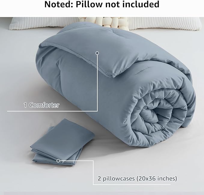 CozyLux Grayish Blue Comforter Set King Size, 3 Pieces Solid Breathable Quilted Boho Style Bedding Sets, Luxury Fluffy Soft Microfiber Comforter for All Season(1 Comforter & 2 Pillowcases) - LeafyLoom