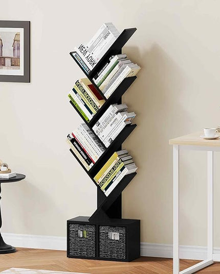 Vagusicc 6 Tier Tree Bookshelf - Modern Shelf Floor Standing Bookcase with Baskets, Tall Wood Book Storage Rack for Books/CDs, Tree Utility Book Organizer Shelves for Living Room, Home Office, Bedroom - LeafyLoom
