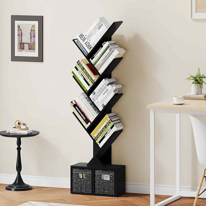 Vagusicc 6 Tier Tree Bookshelf - Modern Shelf Floor Standing Bookcase with Baskets, Tall Wood Book Storage Rack for Books/CDs, Tree Utility Book Organizer Shelves for Living Room, Home Office, Bedroom - LeafyLoom